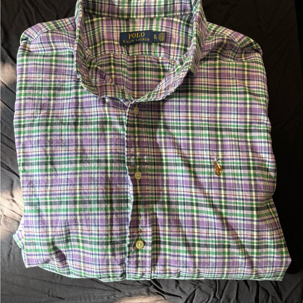 Polo by Ralph Lauren Men's Green and Purple Plaid Shirt